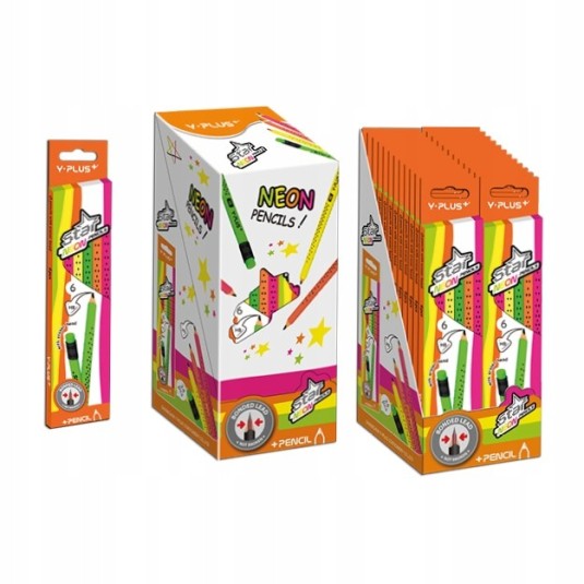 Ołówek trójkątny neonowy z gumką HB op. 6 szt.