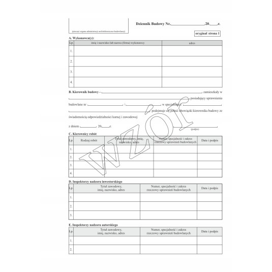 Dziennik budowy druk A4 20 kartek 02275