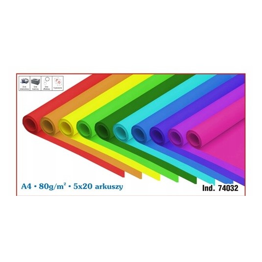 Papier kolorowy A4 xero 80g 5 kolorów 100 arkuszy