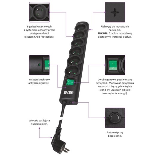 Listwa zasilająca EVER Optima przedłużacz 3 m 6 gniazd