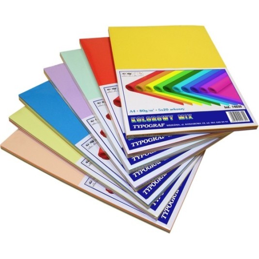 Papier kolorowy A4/80g mix 5 kolorów 100k mieszany