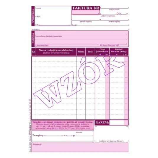 FAKTURA bez VAT A6 1+1 dla zwolnionych podm art113