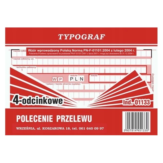 Polecenie przelewu DRUK 1+3 80 kartek 1+3 x20