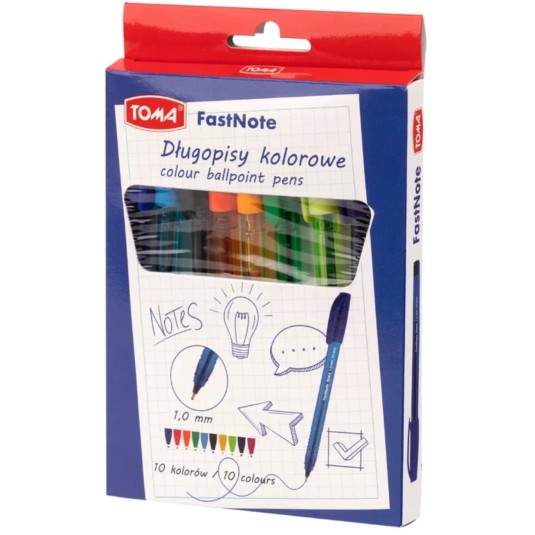 ZESTAW 10 DŁUGOPISÓW KOLOROWYCH TOMA FAST NOTE