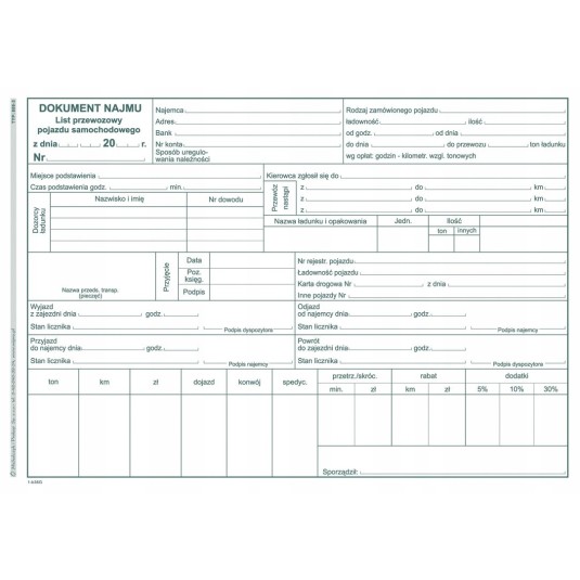 Druk dokument najmu pojazdu z listem przewozowym