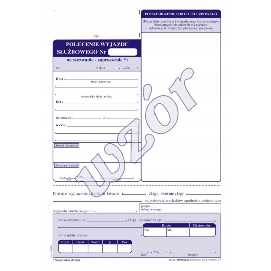 Druk polecenie wyjazdu służbowego delegacja A5
